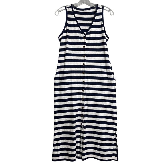 Old Navy Button Front‎ Midi Shift Dress Womens S Navy Stripe Sleeveless Classic - Picture 1 of 9